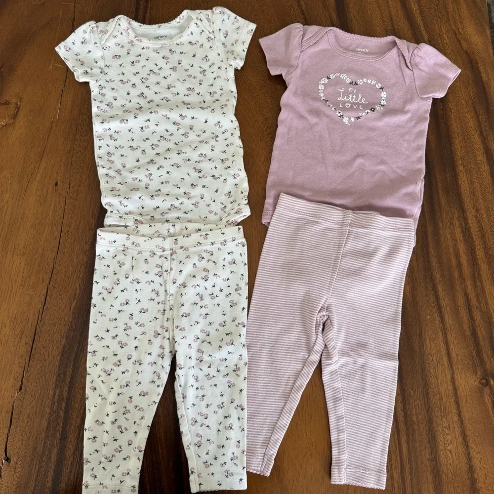 Carter’s Floral and Soft Purple Baby Girl Onesies and Pants Set 9M